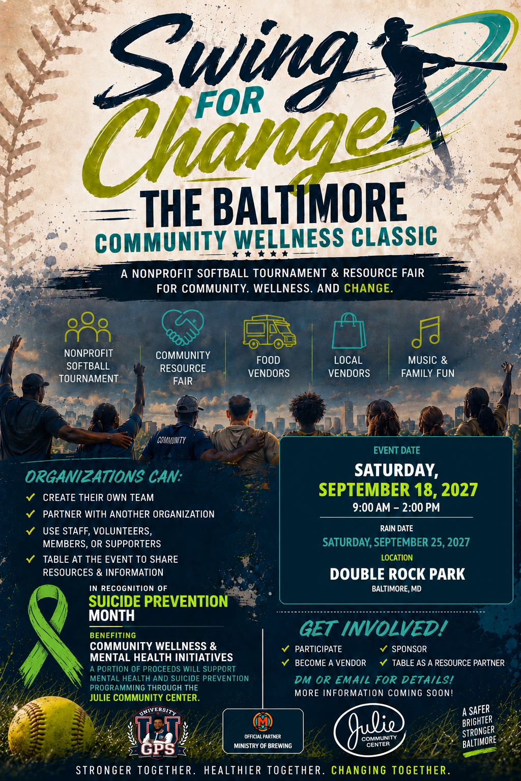 Official Swing for Change: The Baltimore Community Wellness Classic 2027 event flyer