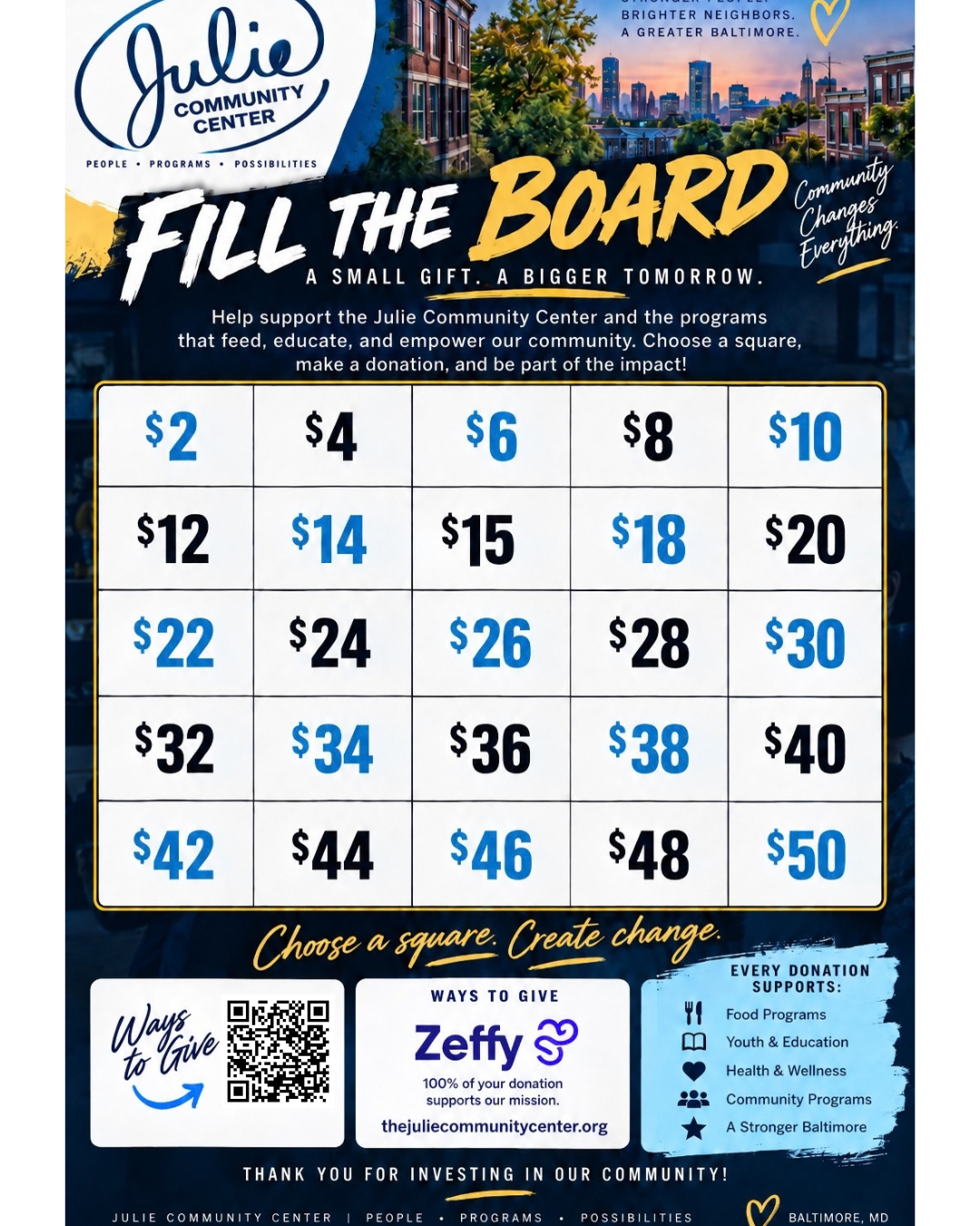 Fill the Board — a Julie Community Center bingo-style fundraiser with giving amounts from $2 to $50