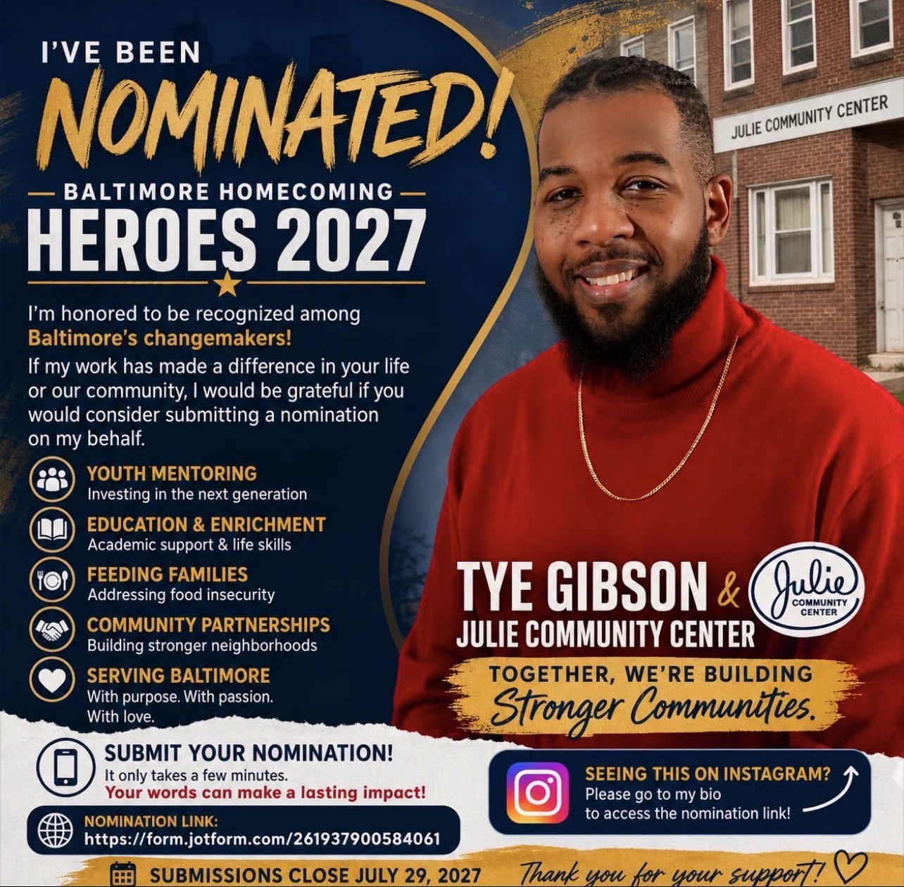 Baltimore Homecoming Heroes 2027 nomination flyer featuring Tyrell "Tye" Gibson outside Julie Community Center, highlighting youth mentoring, education and enrichment, feeding families, community partnerships, and serving Baltimore.
