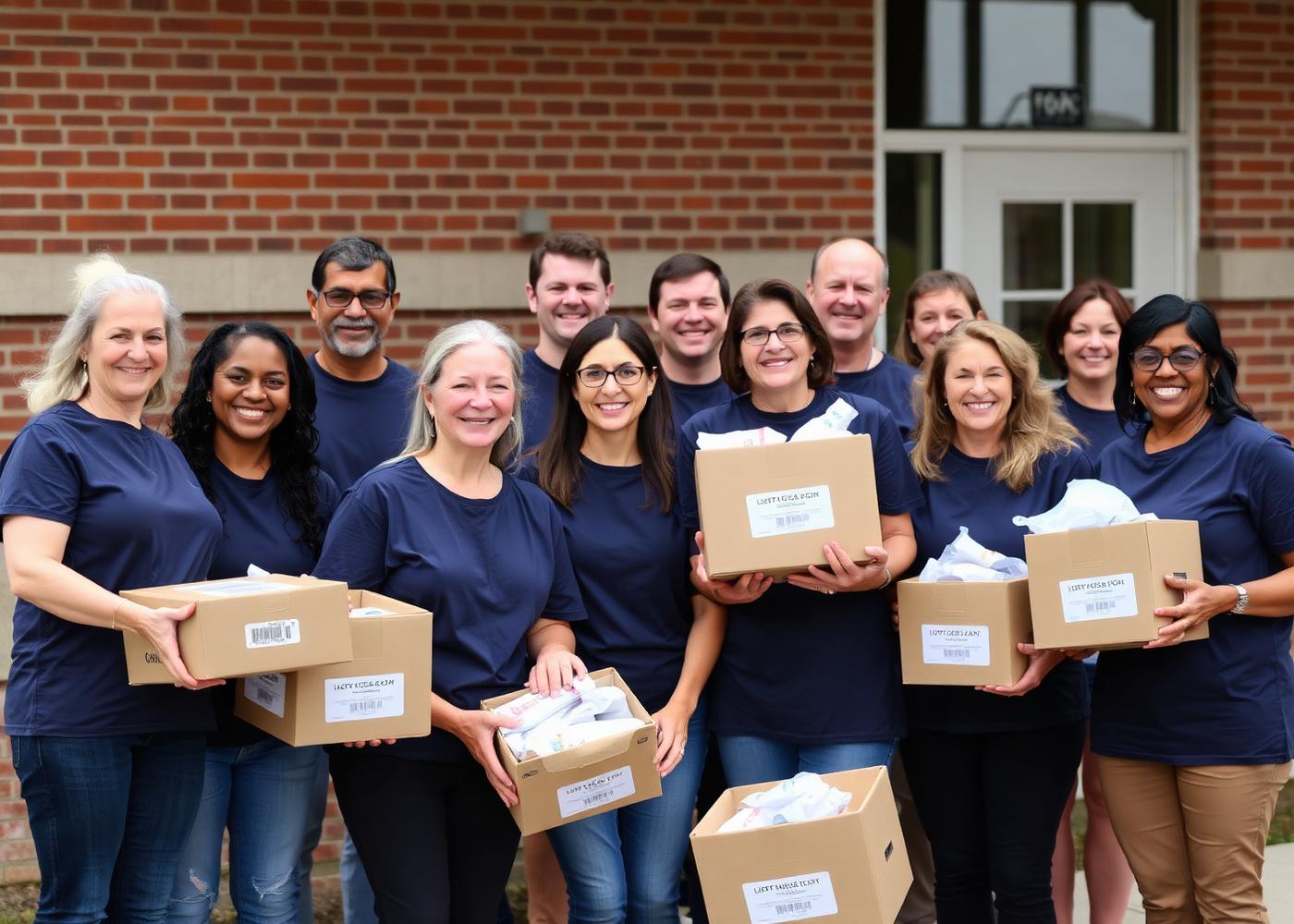 A group of volunteers in navy shirts holding boxes of donated supplies